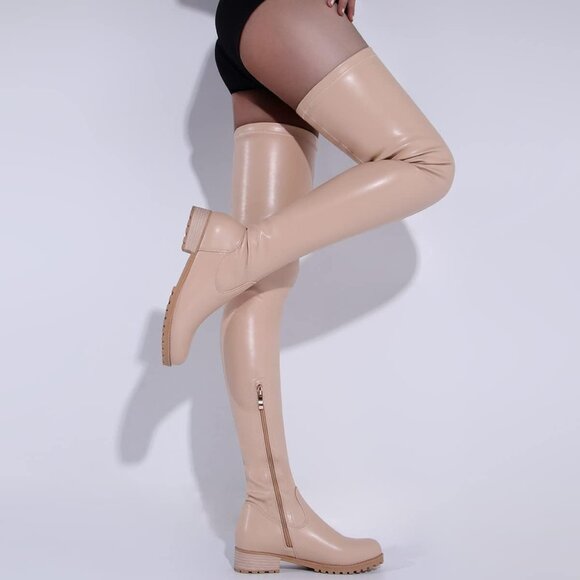 Women's Khaki Polyurethane Thigh High Over The Knee Rounded Toe Fashion Boots - Picture 5 of 7